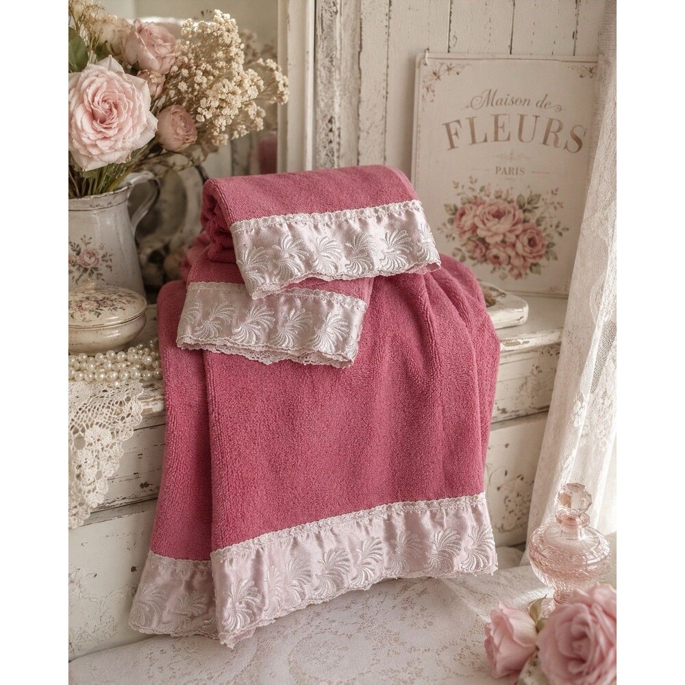 Vintage Southern Textiles 3 Towels/ Fingertip Towels Pink White Satin Lace